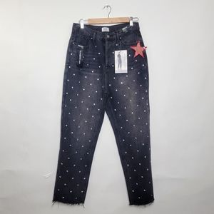 Simple Society Straight Super High Rise Button Fly Black Gray Jeans Rhinestones